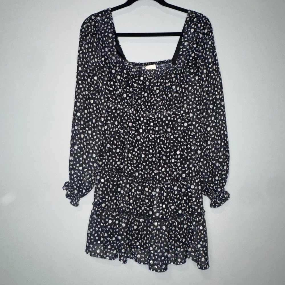 Altard State Black White Floral Ditsy‎ Smocked Tiered Chiffon Mini Dress M